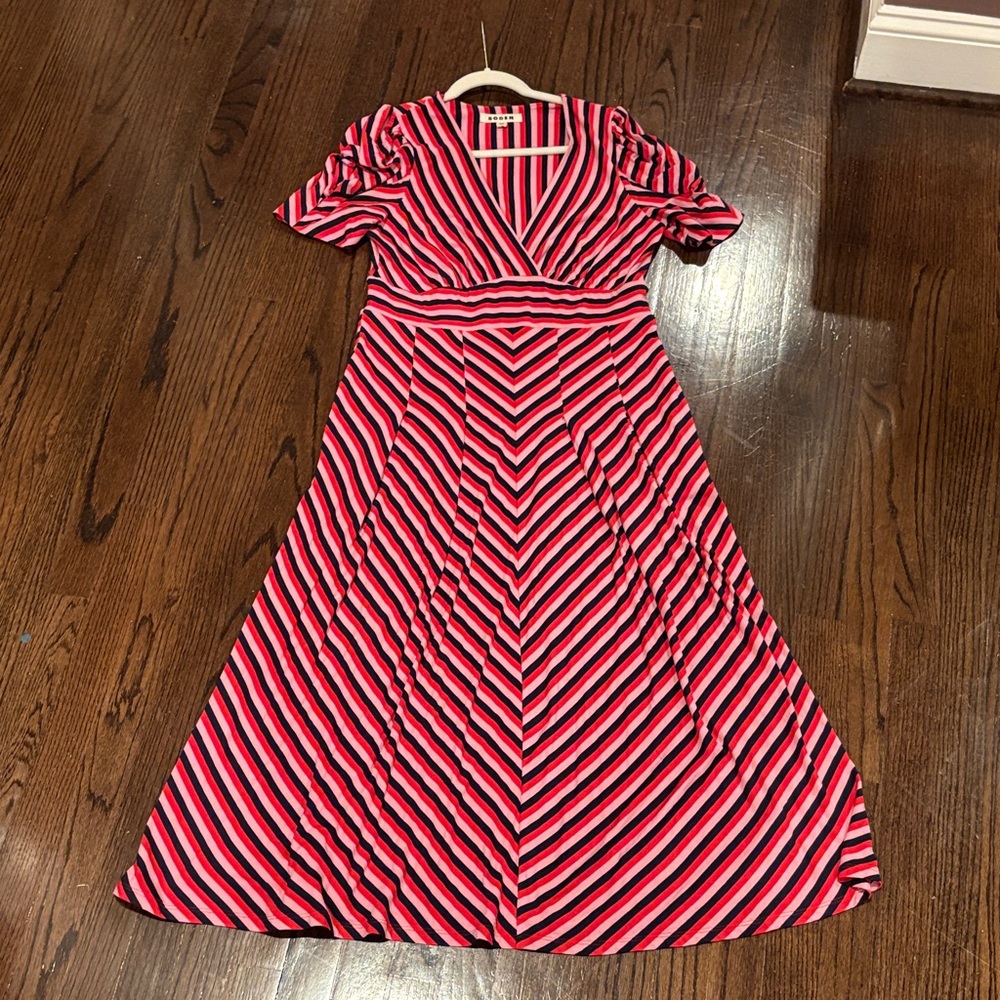 Striped Red, Pink and Navy V-Neck Dress